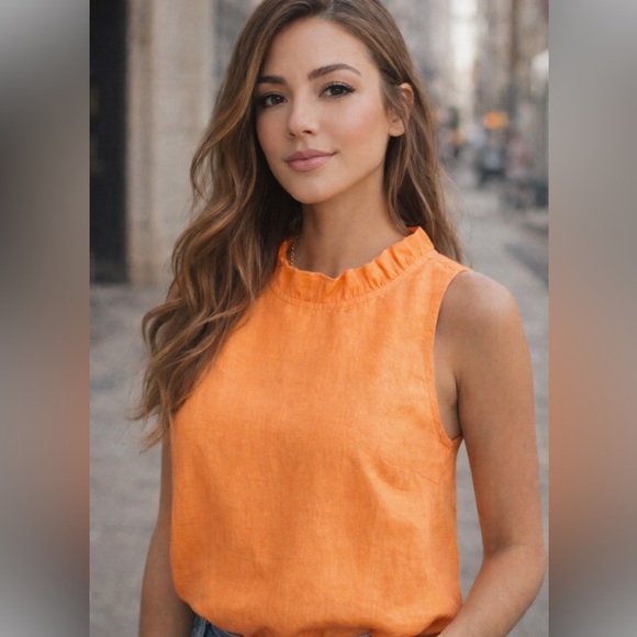 J. Crew Orange 100% linen Ruffle Neck Sleeveless Tank 51781 - Picture 10 of 11